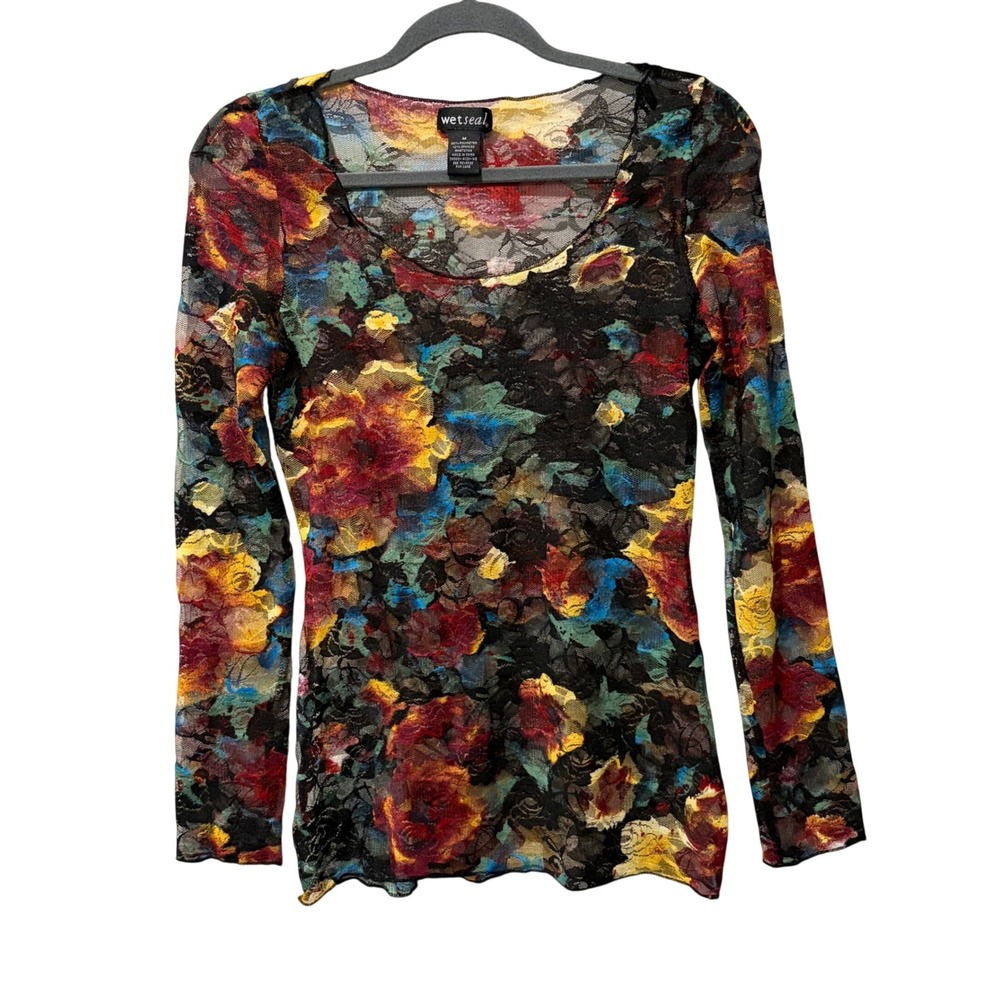 Wet Seal Y2K Floral Mesh Lace Top Women Medium Black Sheer Long Sleeve Goth Emo